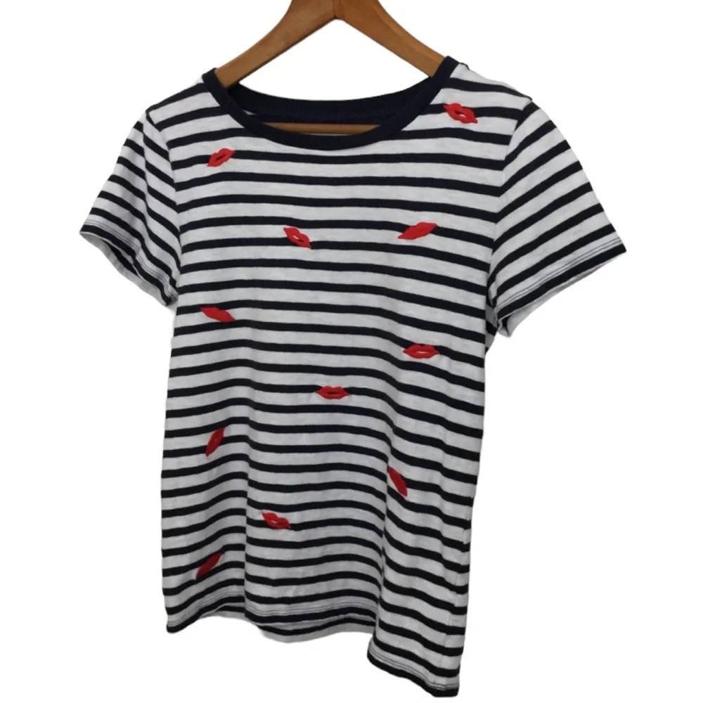 J. CREW Women’s sz Small T Shirt Striped Red Lips Short Sleeve Top Cute Blue Red